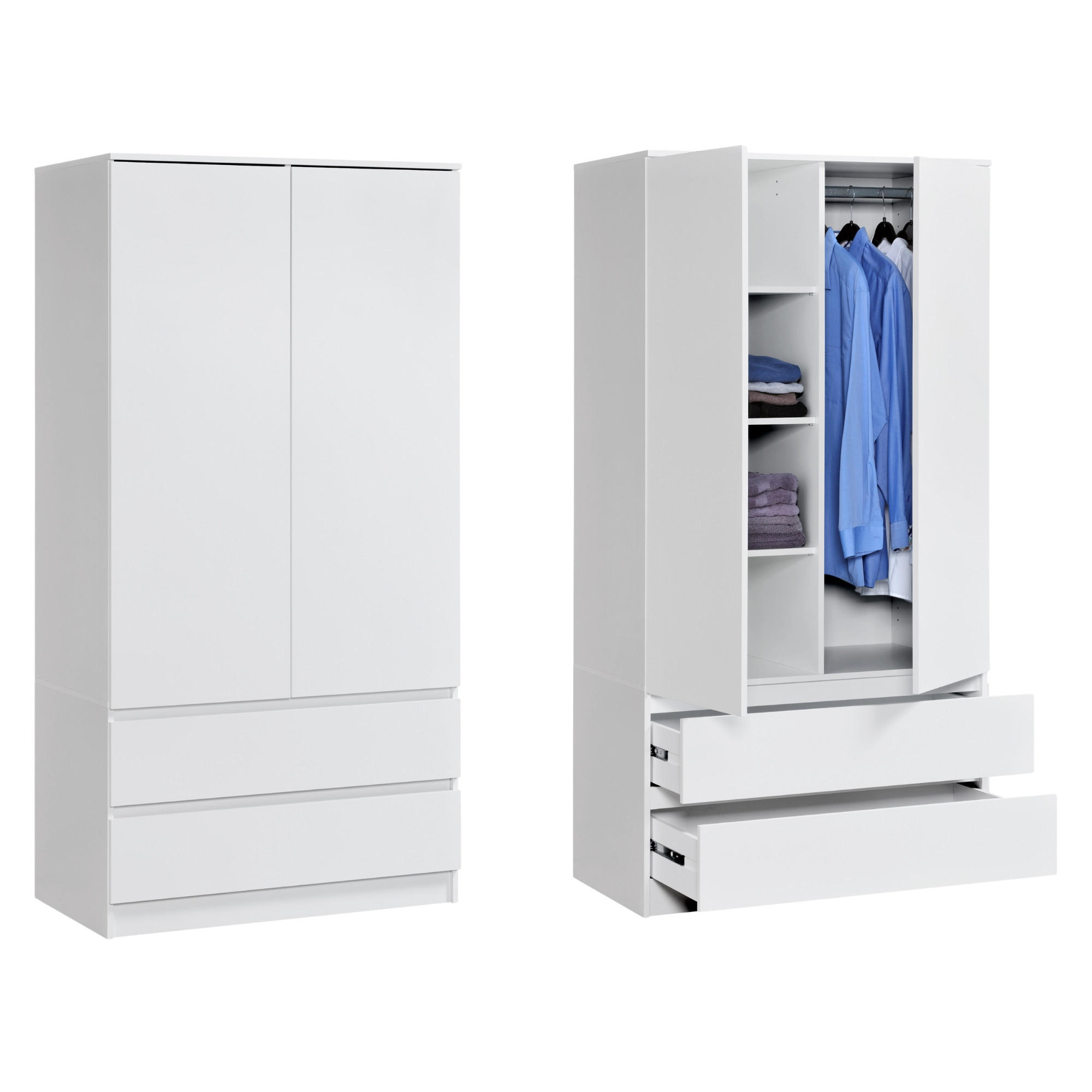 GARDEROBE mit 2 Türen, 3 Einlegeböden und 2 Schubkästen in weiß - Weiß, Holzwerkstoff (90/182/51cm) - Home Collective