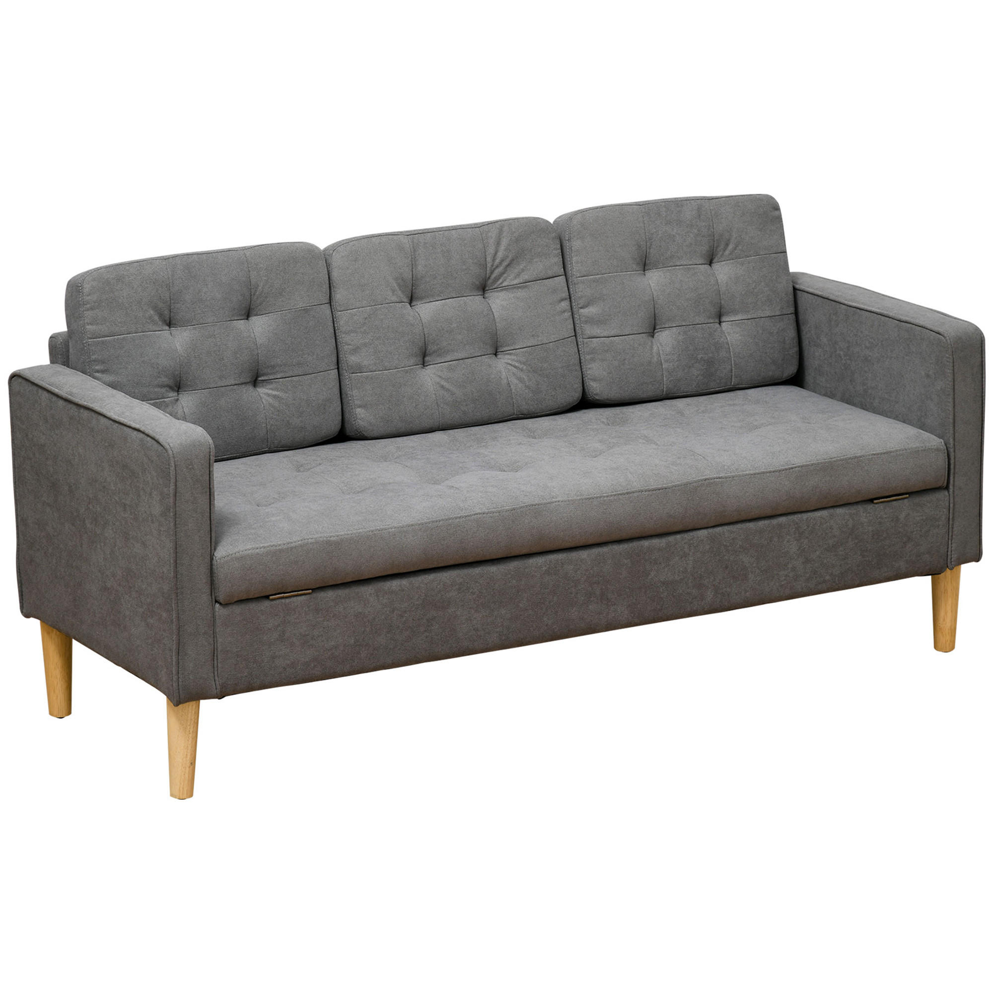 3-SITZER Sofa Stoffsofa Doppelsofa abnehmbar mit Kissen Gummiholz Baumwoll Grau - Naturfarben/Grau, Holz/Textil (62/82/166.5cm) - HOMCOM