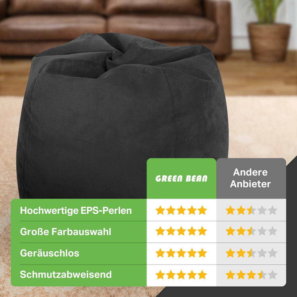SITZSACK "Drop" 60x60x90cm - 220L - Schwarz, Textil (60/90/60cm) - Green Bean