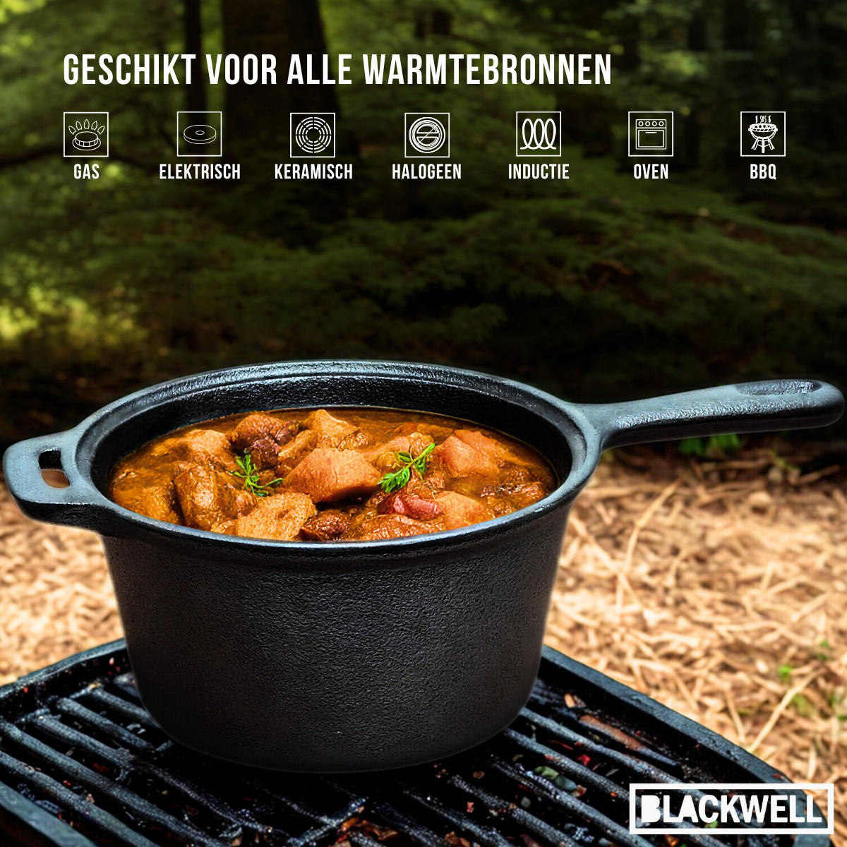PFANNENSET Dutch Oven BBQ Set Gusseisen - Bräter + Lifter, Bratpfanne ø 20 cm & Steelpan 18 cm - 4-teilig - Schwarz, Keramik (1/2/2cm) - Blackwell