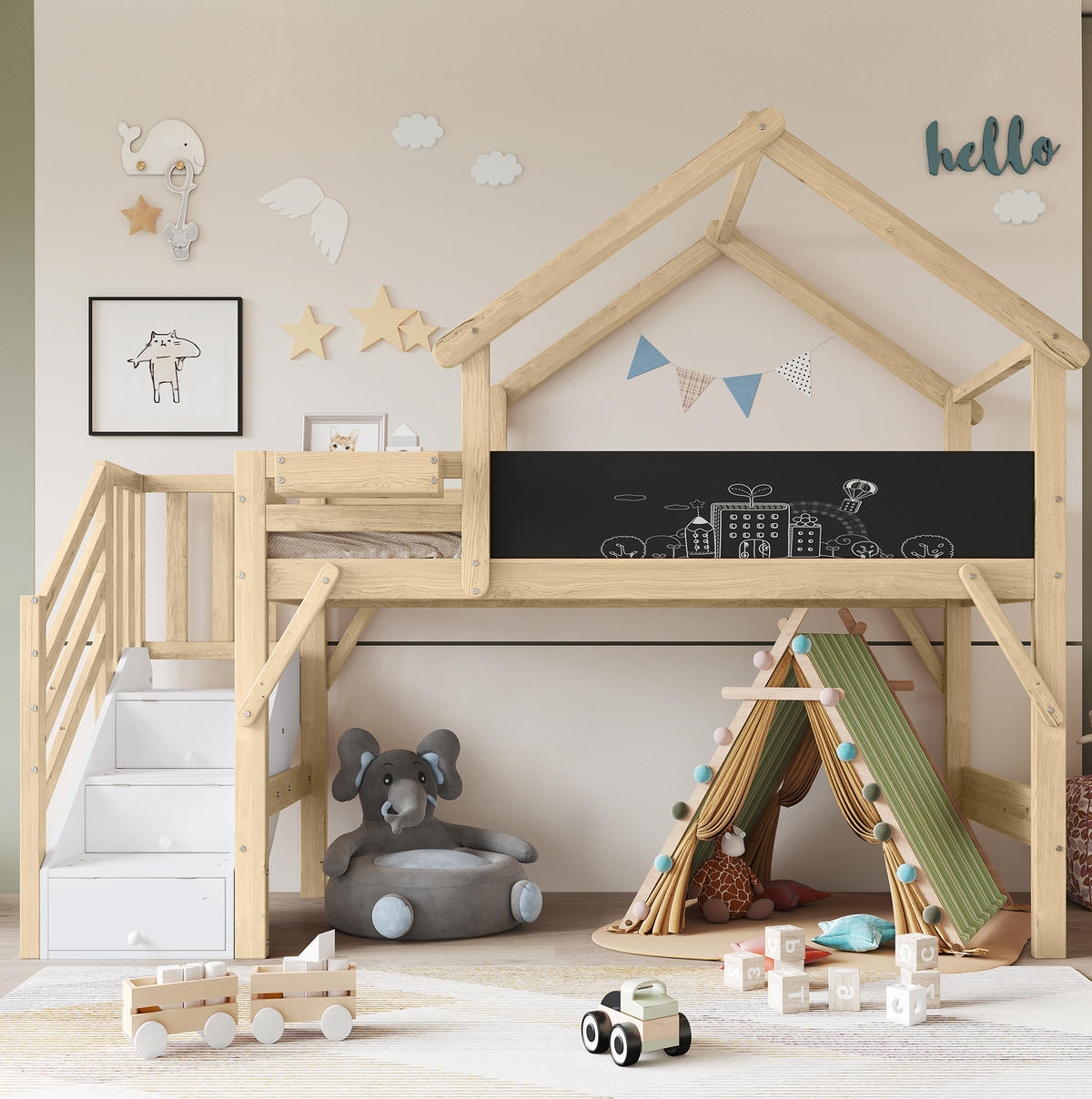 ETAGENBETT aus Kiefer, MDF und Sperrholz 90x200 cm Weiß/Natur mit Stauraumtreppe, Tafel und Dachdesign - Weiß, Holzwerkstoff (90/200cm) - Modfu