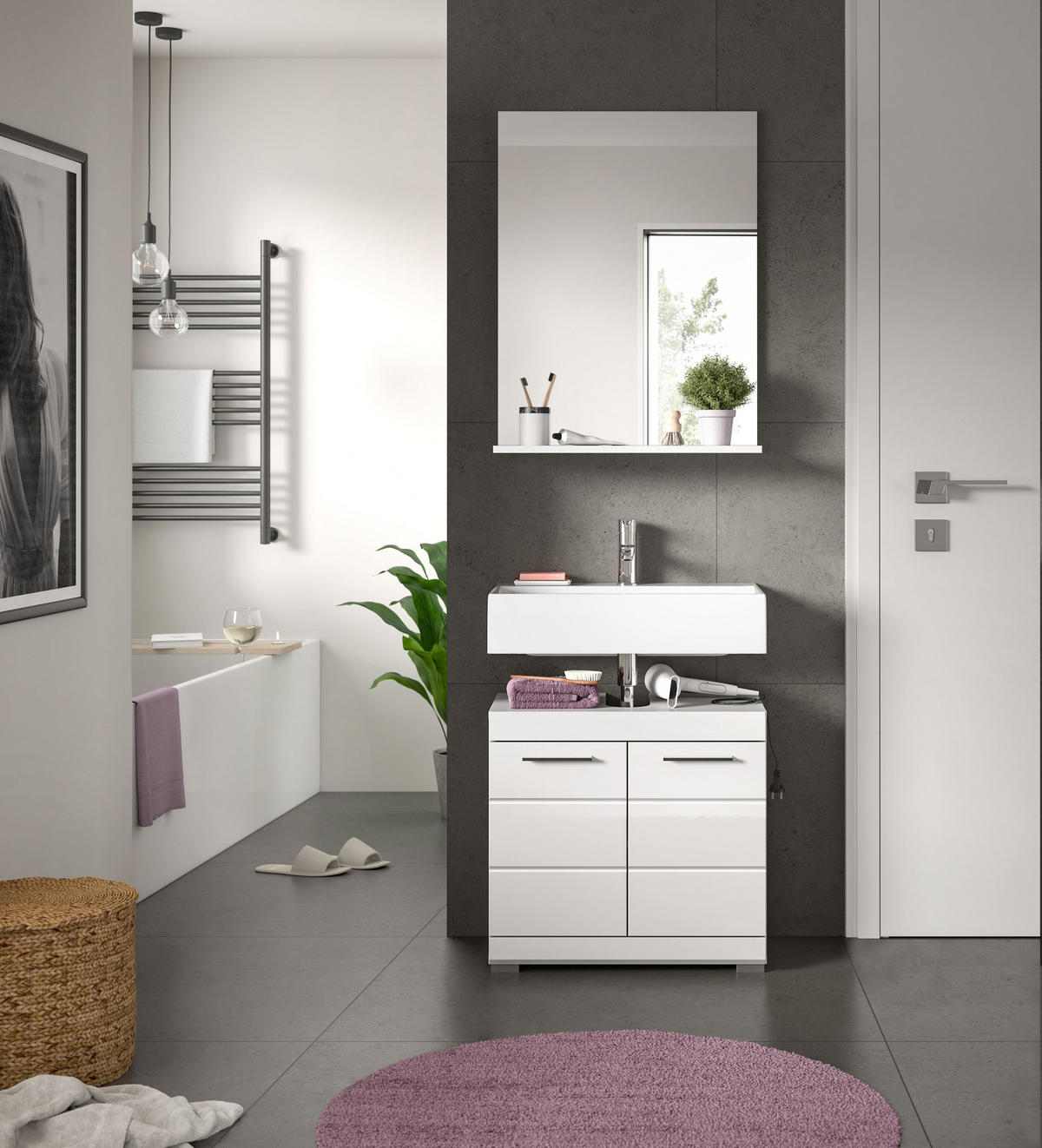 BADKOMBINATION 2tlg. Scout Bad in weiß Nachbildung und weiß hochglanz B/H/T: 60x191x34 cm - Weiß, Holz (60/191/34cm)