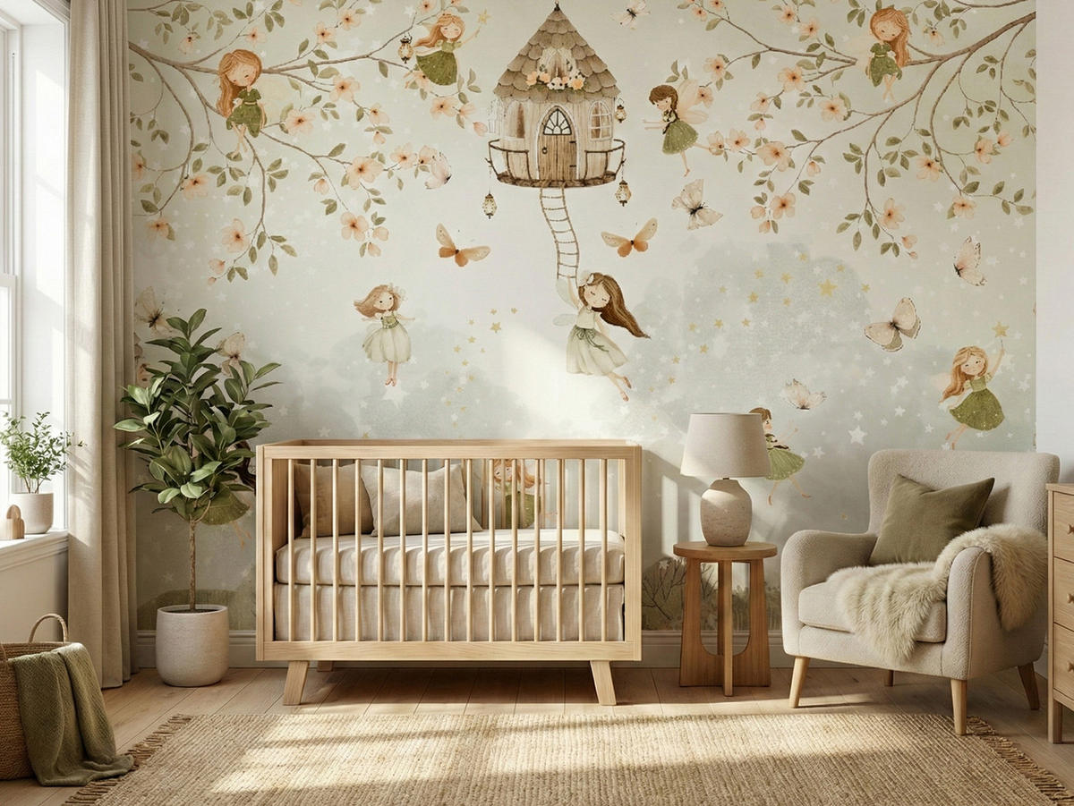 FOTOTAPETE für Kinderzimmer Waldfeen Blumen Sterne Schmetterlinge Baum 400x280 - Beige/Orange, Papier (400/280cm) - Muralo