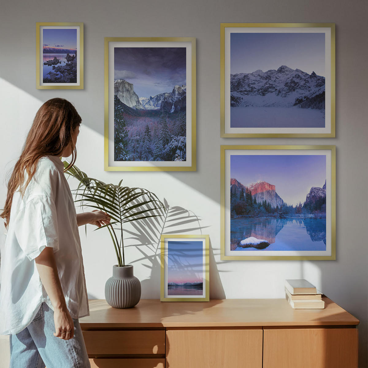 WANDBILDER 5er Set - 50x50 cm & 20x30 cm & 40x60 cm Goldrahmen - Berglandschaften, Sonnenuntergang, Wasser - Goldfarben, Kunststoff (40/60cm) - ArtPrintCave