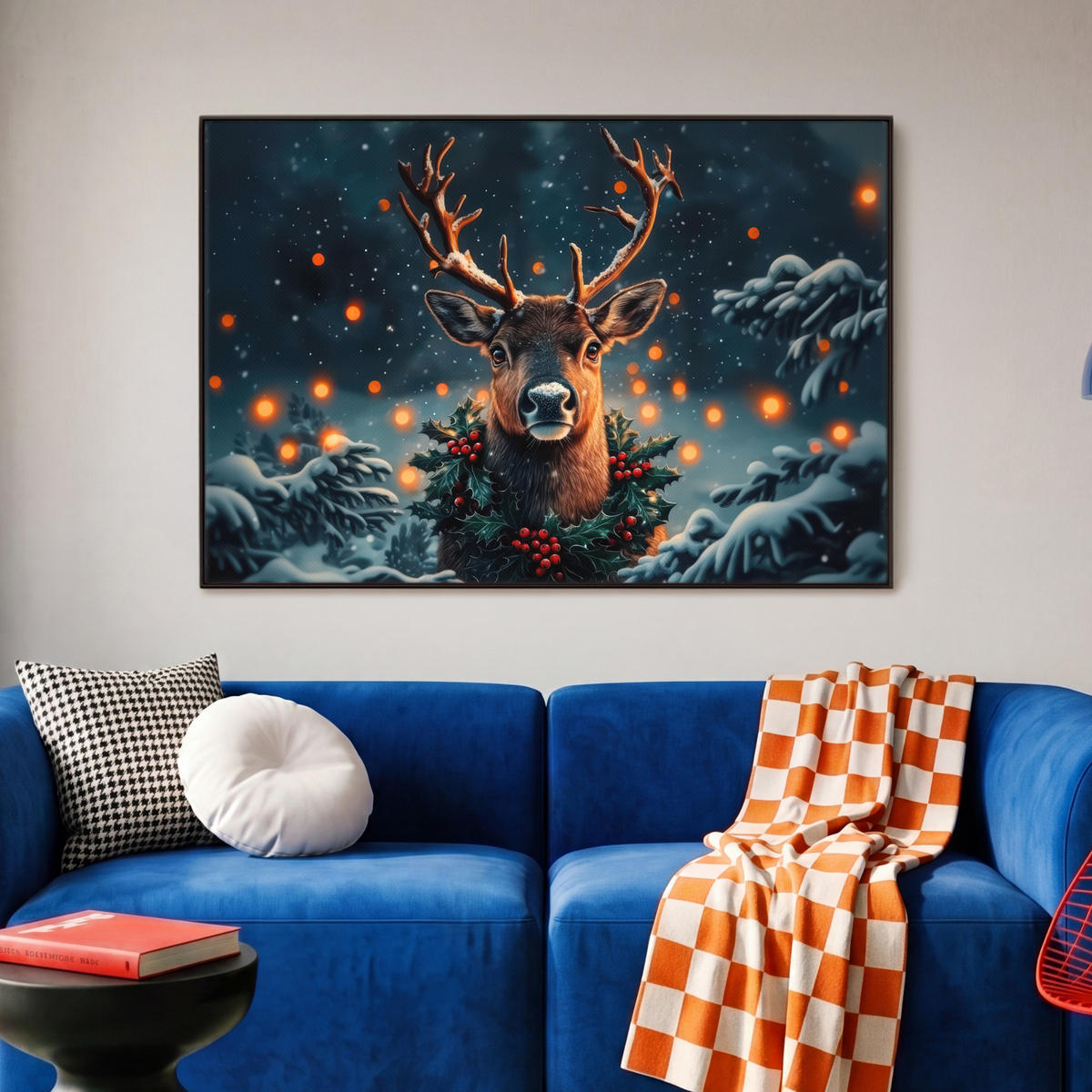 LEINWAND Bilder mit Rahmen - Hirsch - Weihnachten - Winter - Schnee - Weihnachtskranz - 90x60 - Dunkelbraun, Textil (90/60cm) - MuchoWow