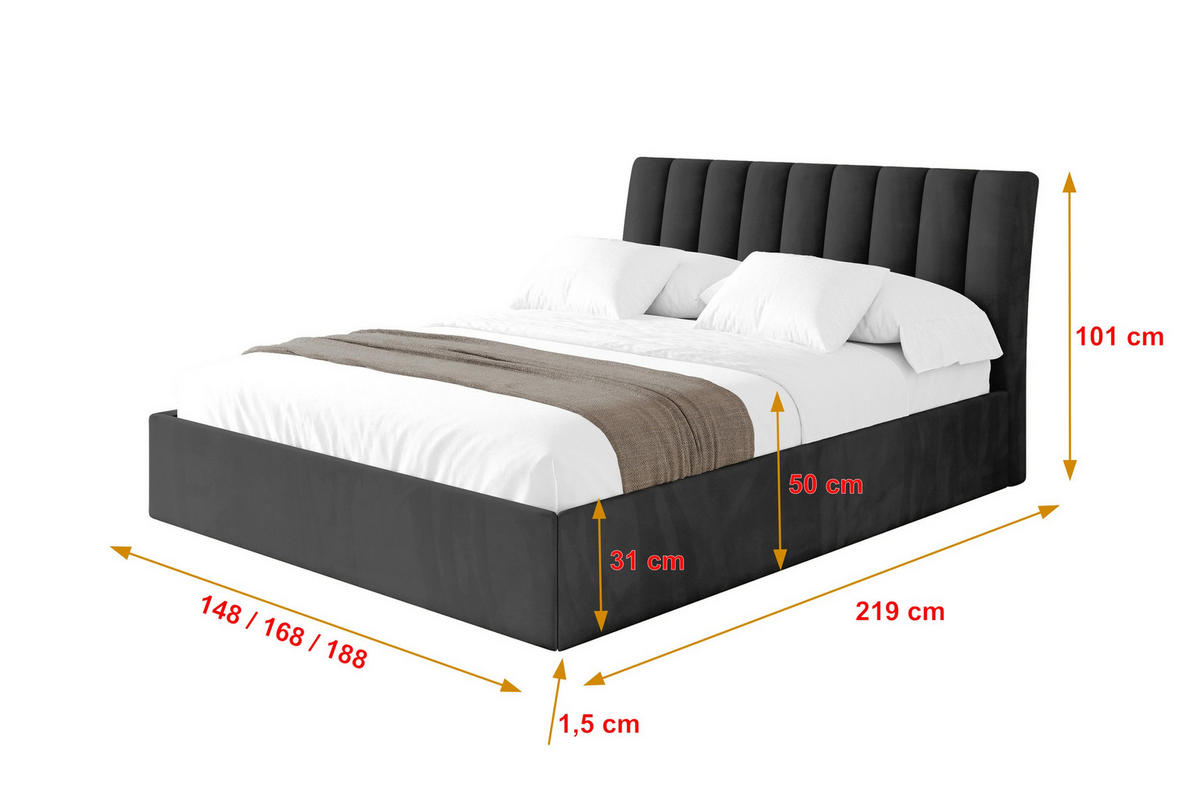 POLSTERBETT mit Bettkasten und Lattenrost, Boxbett ohne Matratze - ILAN 180x200 Schwarz - Schwarz, Holzwerkstoff/Textil (180/200cm) - ALTDECOR
