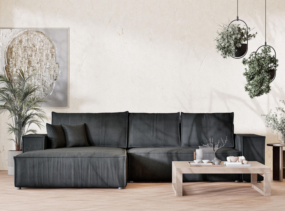 ECKSOFA MIT SCHLAFFUNKTION Maze Anthrazit Samtstoff - Anthrazit/Schwarz, Holz/Holzwerkstoff (294/185cm) - Maison de Reve