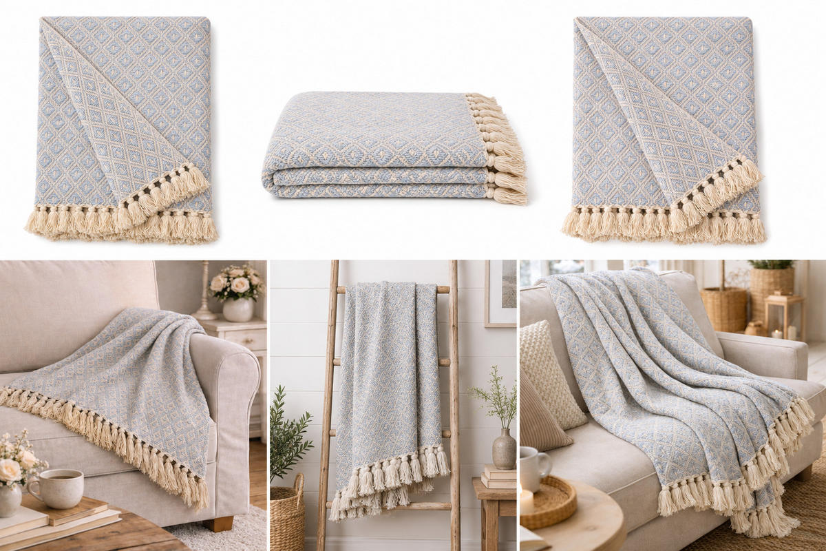 WOHNDECKE Baumwolle 130x180 cm Mit Fransen – Light Blue/Natural - Blau, Naturmaterialien (130/180cm) - AU Maison