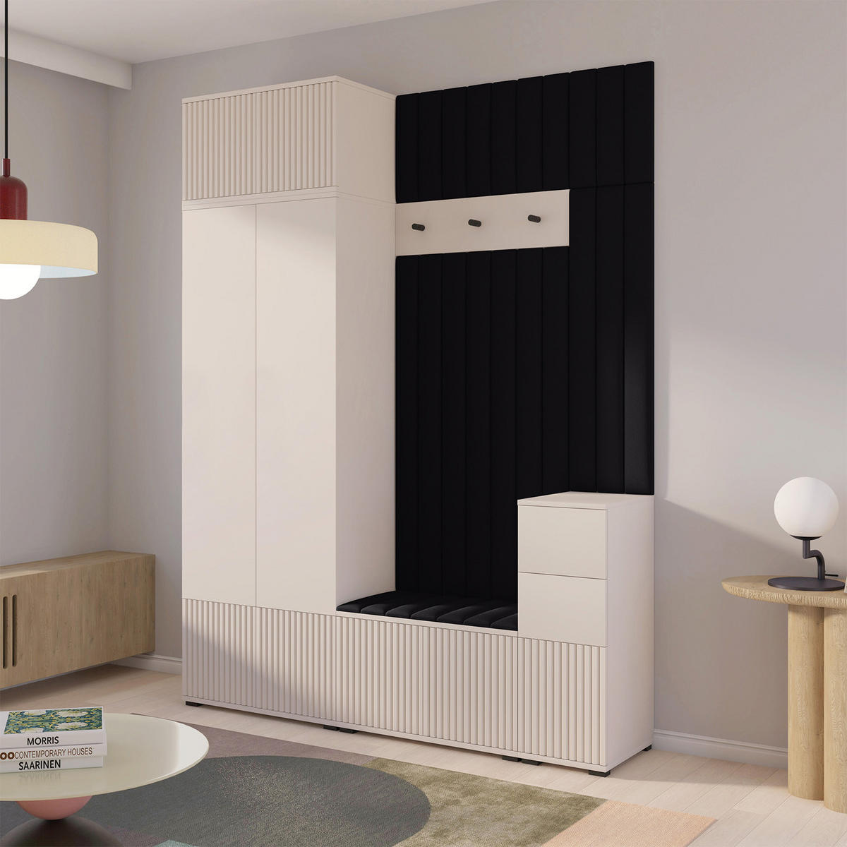 GARDEROBE Ritmo version 8 gefräste Kleiderschrank mit Polsterplatten Schwarz - Beige/Schwarz, Holzwerkstoff (170/225/40cm) - Jerpax
