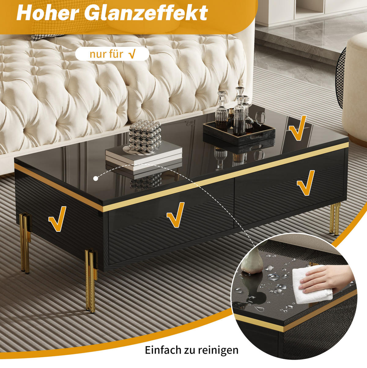 COUCHTISCH aus Spanplatte 100x50x36 cm in Schwarz mit doppelseitigen Schubladen - Schwarz, Holzwerkstoff (100/50/36cm) - Modfu