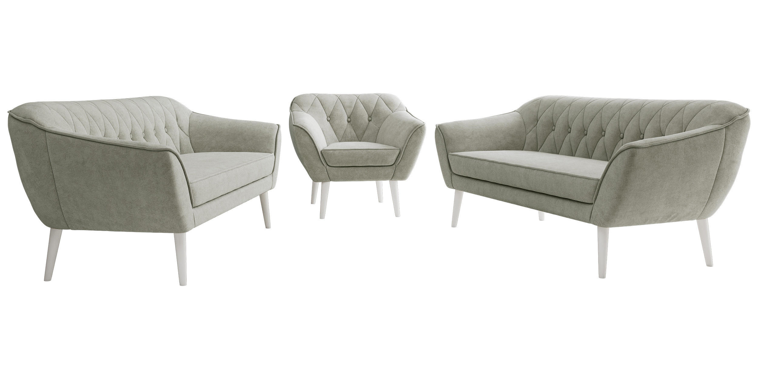 SEDACIA ZOSTAVA 3+3+1 PIRS - Svetlosivá Štruktúrovaná látka - Biele nohy - biela/svetlosivá, kompozitné drevo/textil (180/75/74cm) - MKS