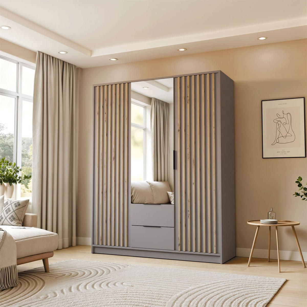 KLEIDERSCHRANK NELA, dreitürig mit Lamellen und Spiegel, 155 cm. Grau/Artisan - Grau, Holzwerkstoff (155/200/51cm) - Lookway