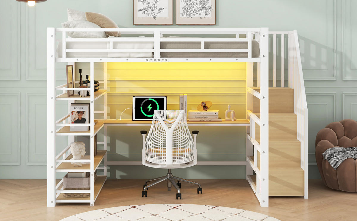HOCHBETT 140x200 cm mit Schreibtisch, 4-stöckigem Regal und Stauraumtreppe, LED und Ladestation, weiß - Weiß, Holzwerkstoff (140/200cm) - Luhomfu