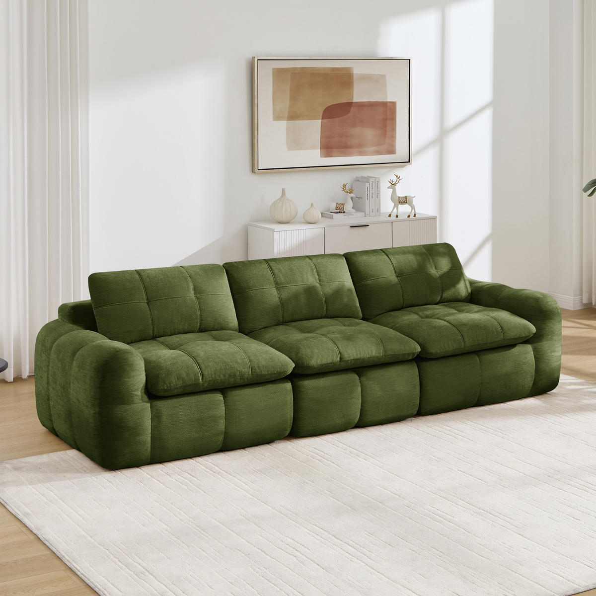 3-SITZER-SOFA DE-34464 Karostepp-Design und 32D-Schaum Grün - Grün, Textil (97/68/264cm) - ComfortXL