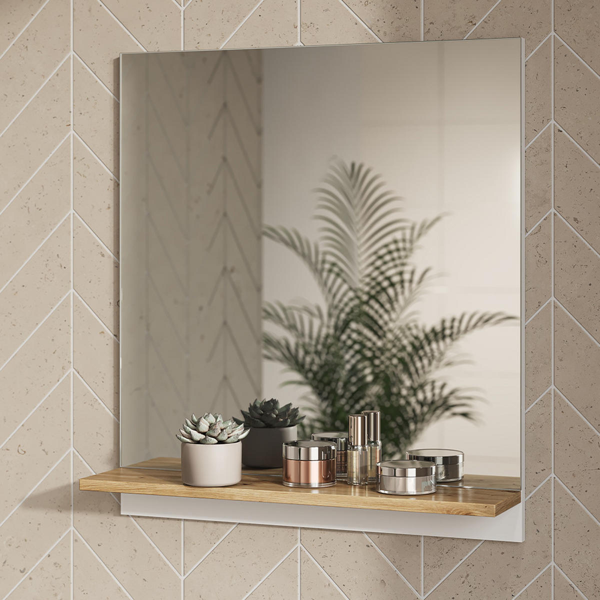 BADSPIEGEL Marelle Weiß 60 x 67 cm mit Regal - Weiß/Eiche Artisan, Holzwerkstoff (60/67/14cm) - Vicco