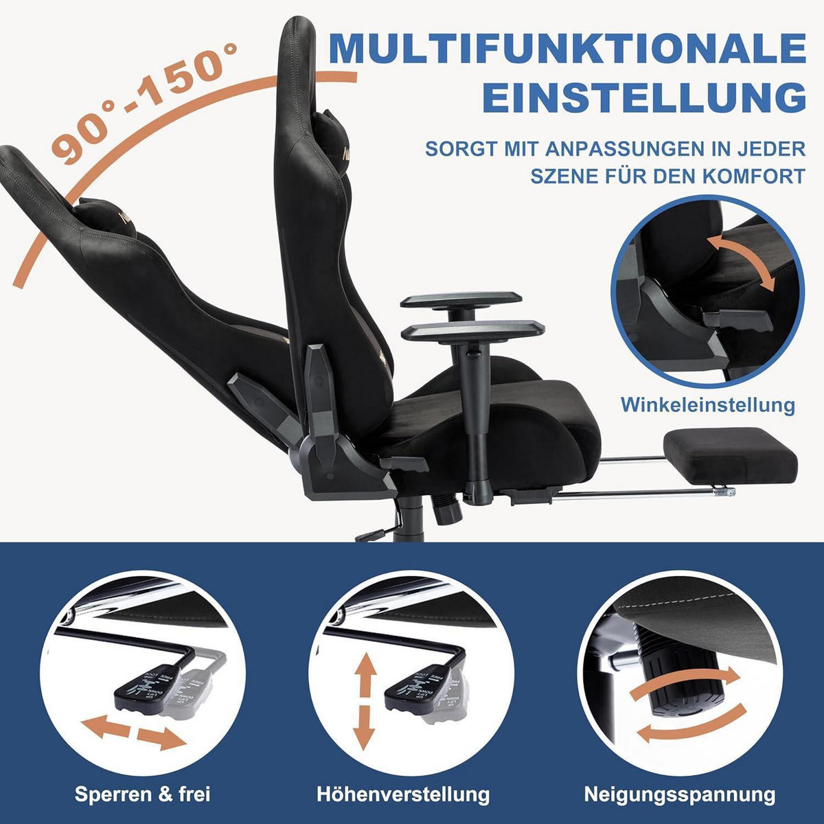 GAMING Stuhl mit Fußstütze und Lendenkissen, schwarz - Schwarz, Kunststoff (59/32/85cm)