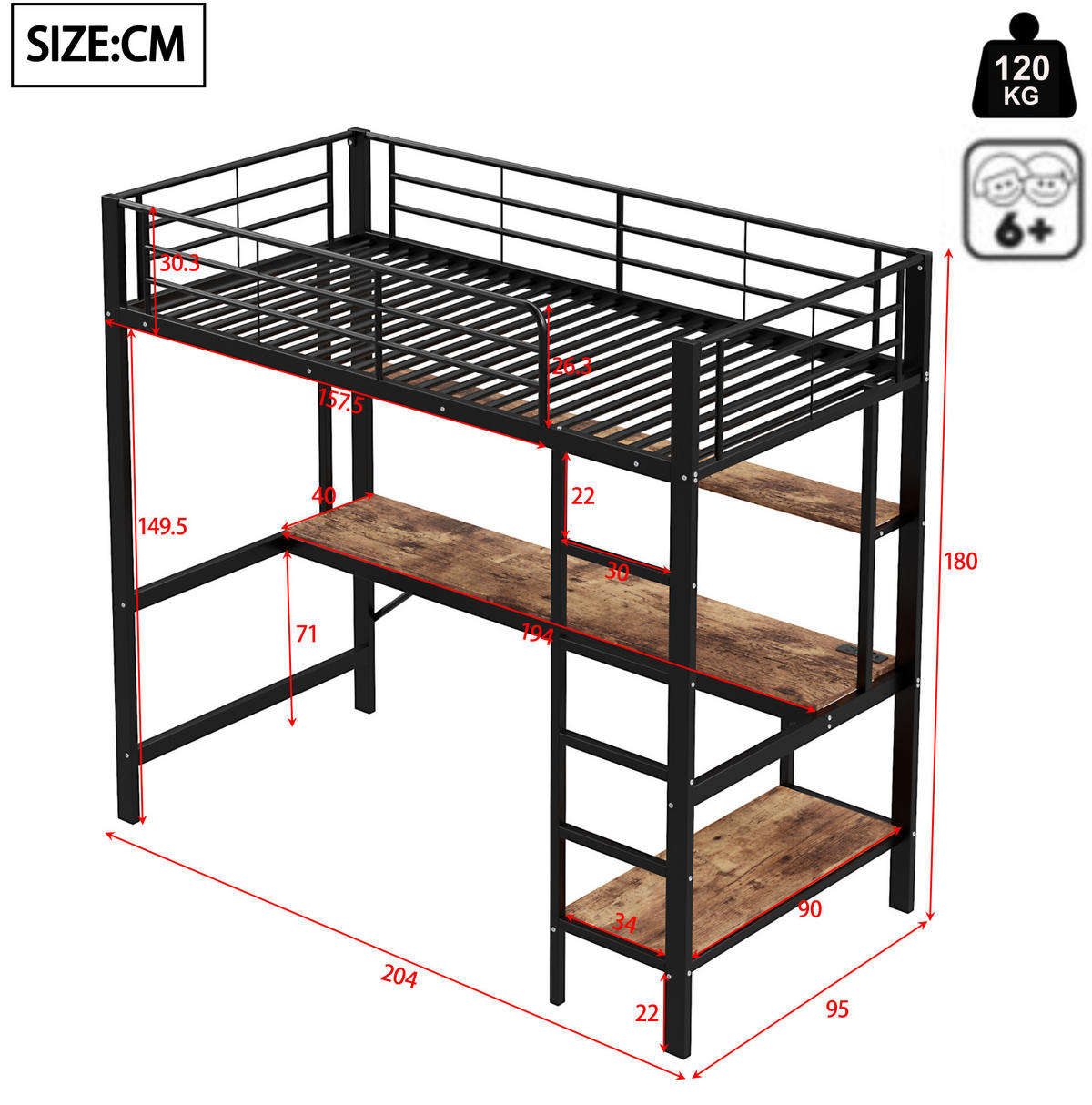 HOCHBETT aus Metall und MDF 90x200 cm Schwarz mit Schreibtisch, Regal, USB, Steckdose und LED-Ambientelicht - Schwarz, Metall (70/180cm) - Modfu