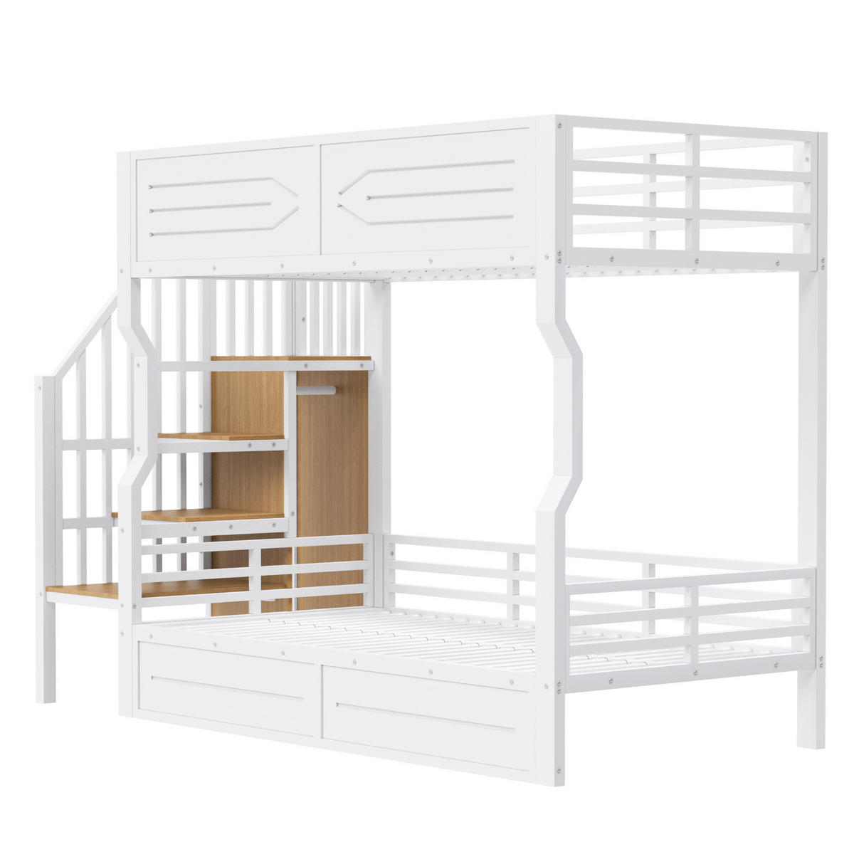 ETAGENBETT aus Metall und MDF 90x200 cm Weiß mit Stauraumtreppe, Schrank und LED-Beleuchtung - Weiß, Holzwerkstoff (90/200cm) - Modfu