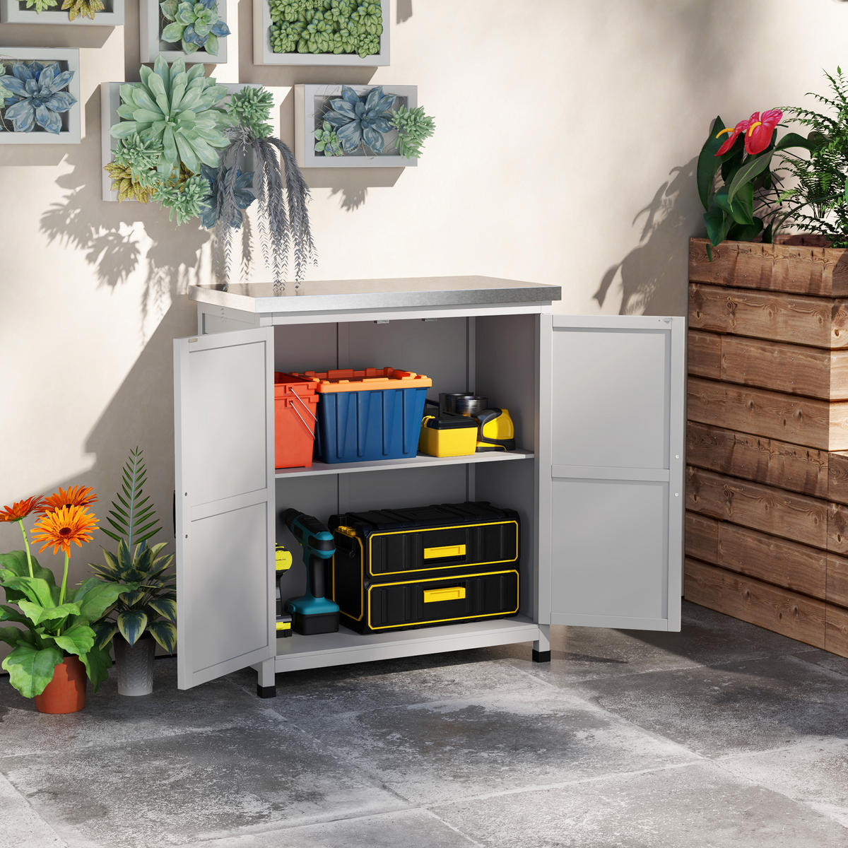 GARTENSCHRANK Holz Grau - Grau, Holz (43/92/79cm) - Outsunny