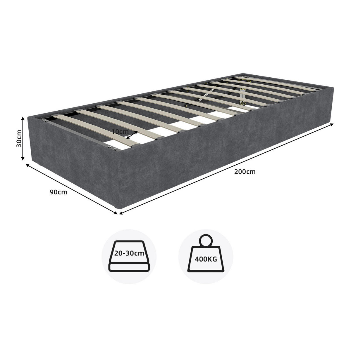 POLSTERBETT 90/200 cm grau aus Stoff und Metall mit Stauraum - Grau, Textil (90/200cm) - OKWISH