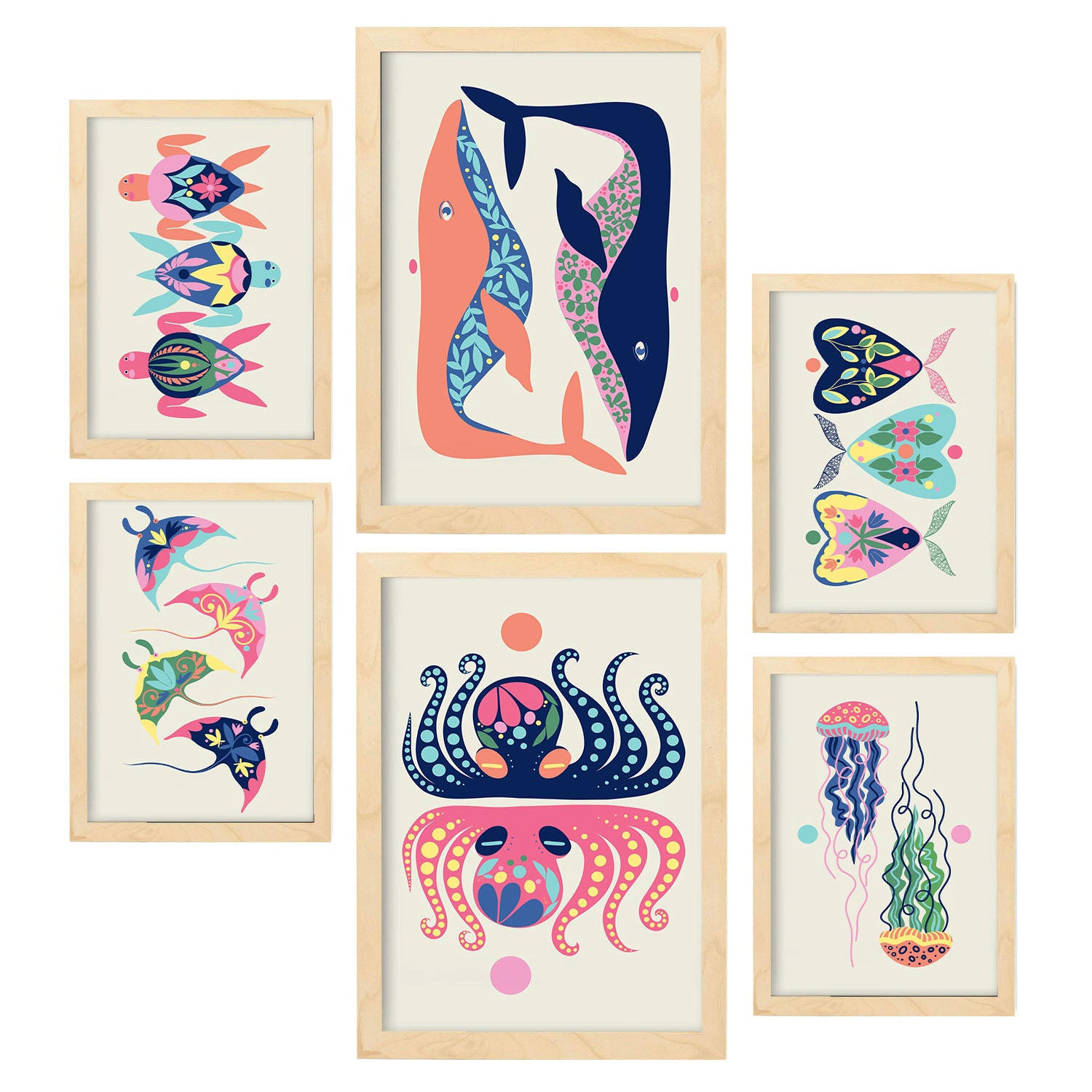 POSTER Set Mit 6 Kreaturen Frames 2 In Tiere Abstracts Ästhetische Dekorative Gemälde Für Ihr Wohnzimmer Zuhause A3 & A4 Rahmen Aus Hellem Holz - Beige, Papier (29/3cm) - Nacnic