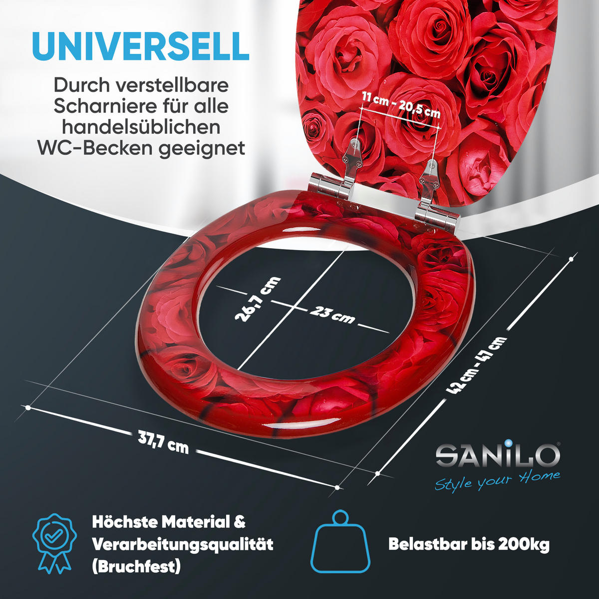 WC-SITZ mit Absenkautomatik Rosen - Rot, Holzwerkstoff (38/6/47cm) - Sanilo