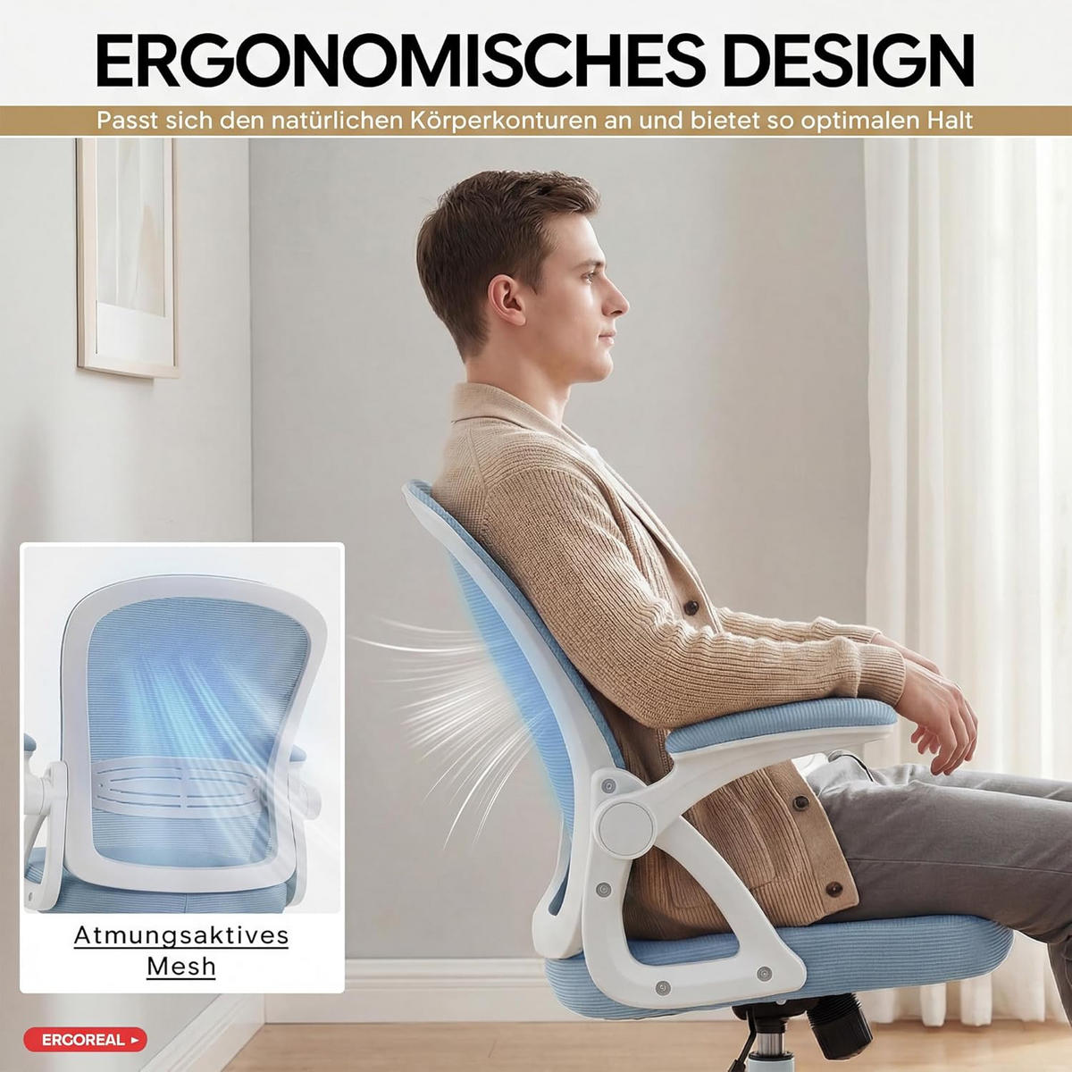 BÜROSTUHL Ergonomischer 90-110°neigbar, 90° Aufklappbare Armlehnen - Blau, Metall (60/92/57cm) - Gisaae