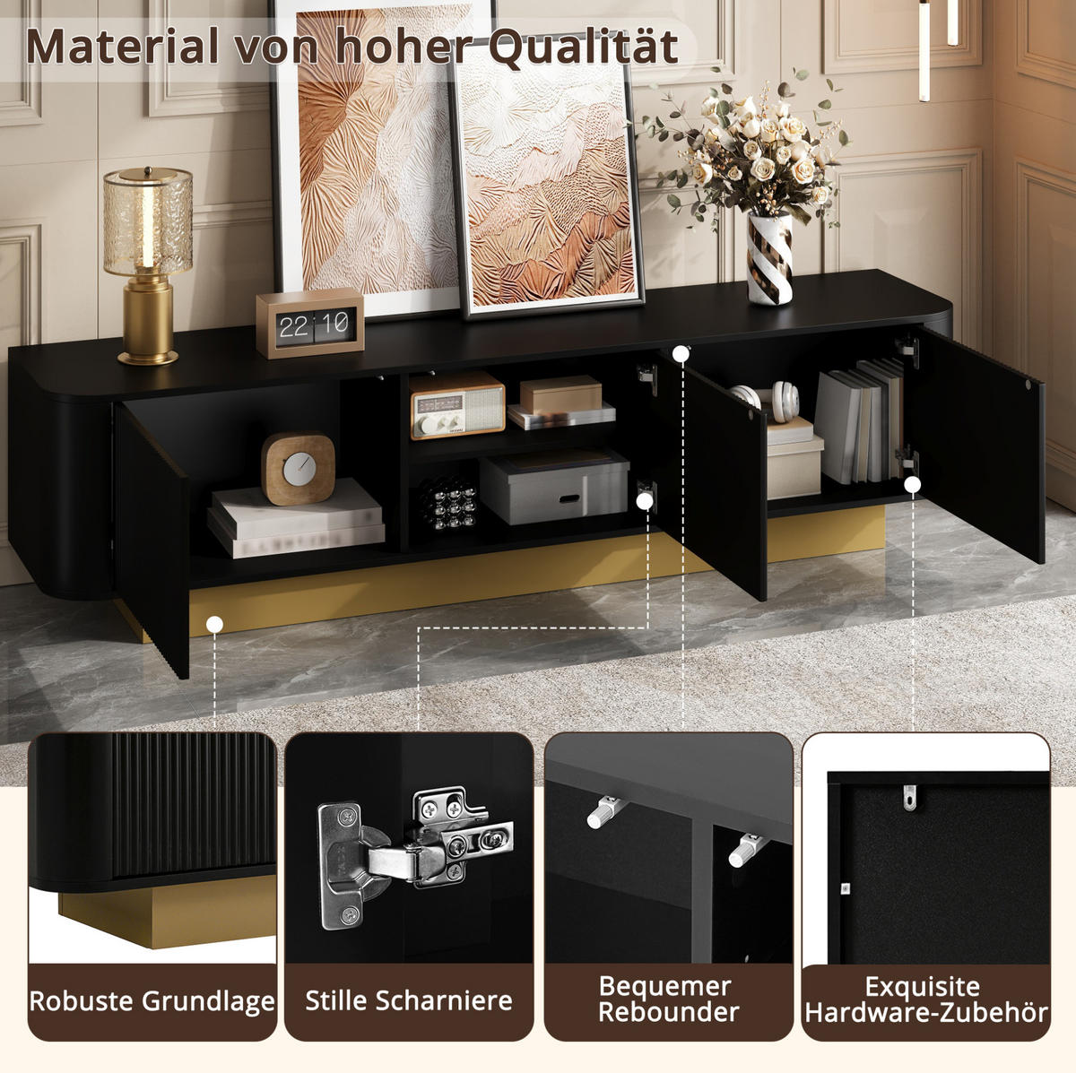 LOWBOARD 170/40,5/47 cm aus MDF und Holzwerkstoff mit Kabelmanagement Schwarz - Schwarz, Holzwerkstoff (170/47/40.5cm) - Modenvie