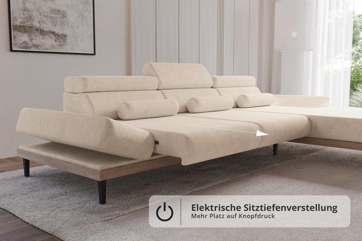 ELEKTRISCHES ECKSOFA Rechts MONA 316x205x85 Beige Velours - Sahara, Holzwerkstoff/Textil (316/205cm) - ALTDECOR