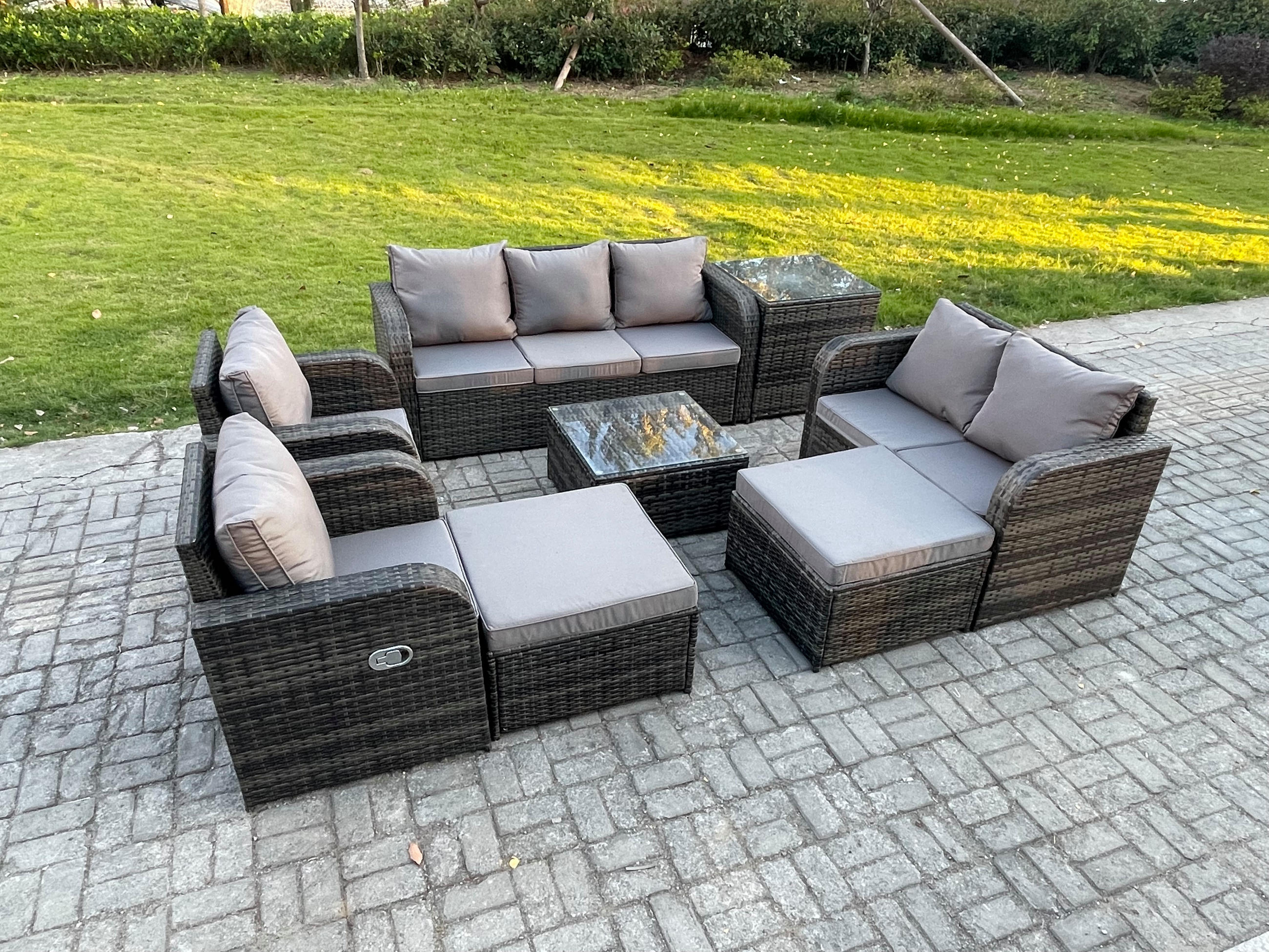 GARTENSOFA SET mit Couchtisch Polyrattan Dunkelgrau 8-teilige - Dunkelgrau/Grau, Glas/Kunststoff - Fimous