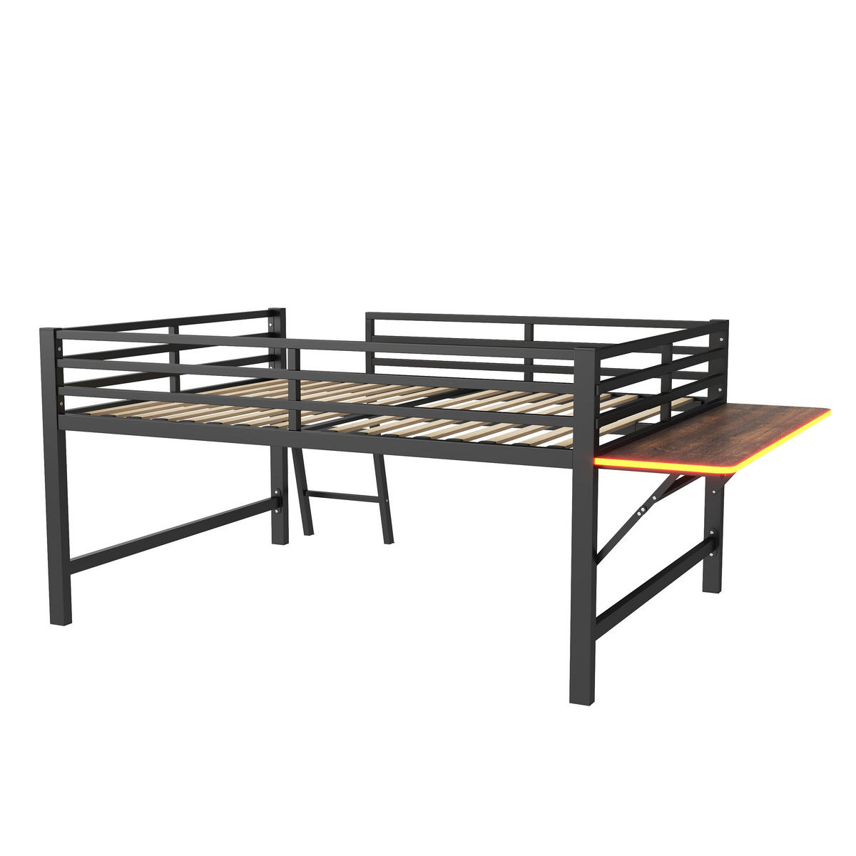 HOCHBETT 140/200 cm Schwarz mit Schreibtisch und LED-Beleuchtung - Schwarz, Metall (140/200cm) - OKWISH