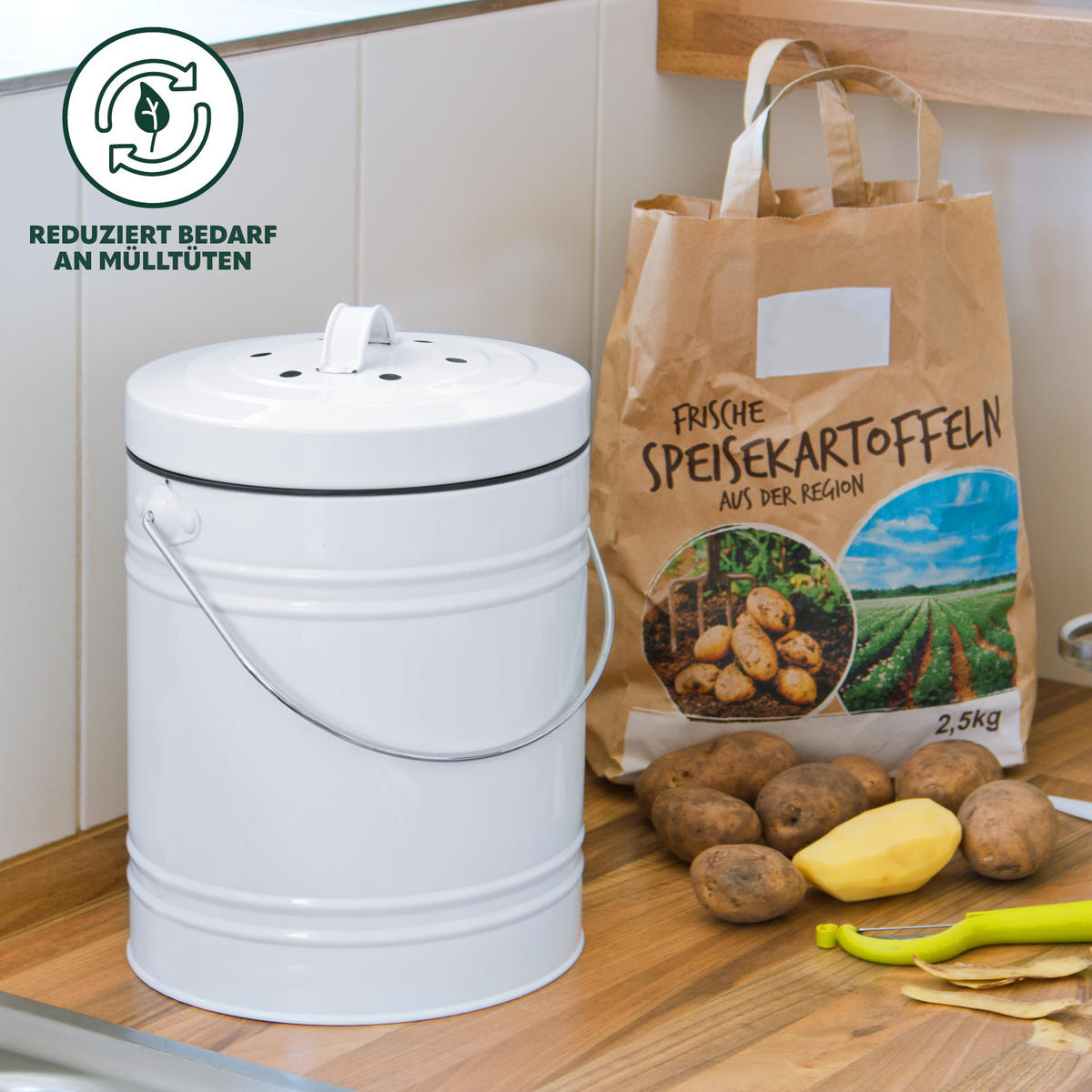 KOMPOSTEIMER 5 Liter, weiß, Metall - Weiß, Metall (20.5/29.5/20.5cm) - bremermann