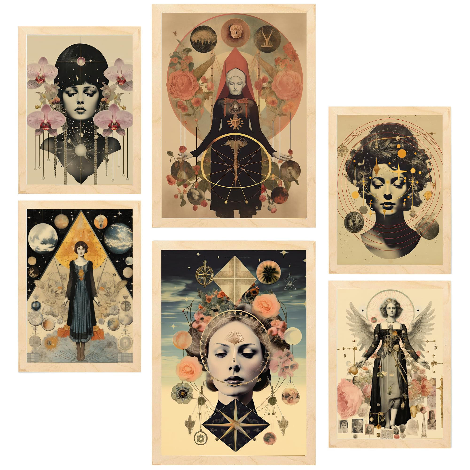 POSTER Set Mit 6 Surreale Feminine Im Mystischen Esoterischen A3 & A4 Rahmen Aus Hellem Holz - Beige, Papier (29/3cm) - Nacnic