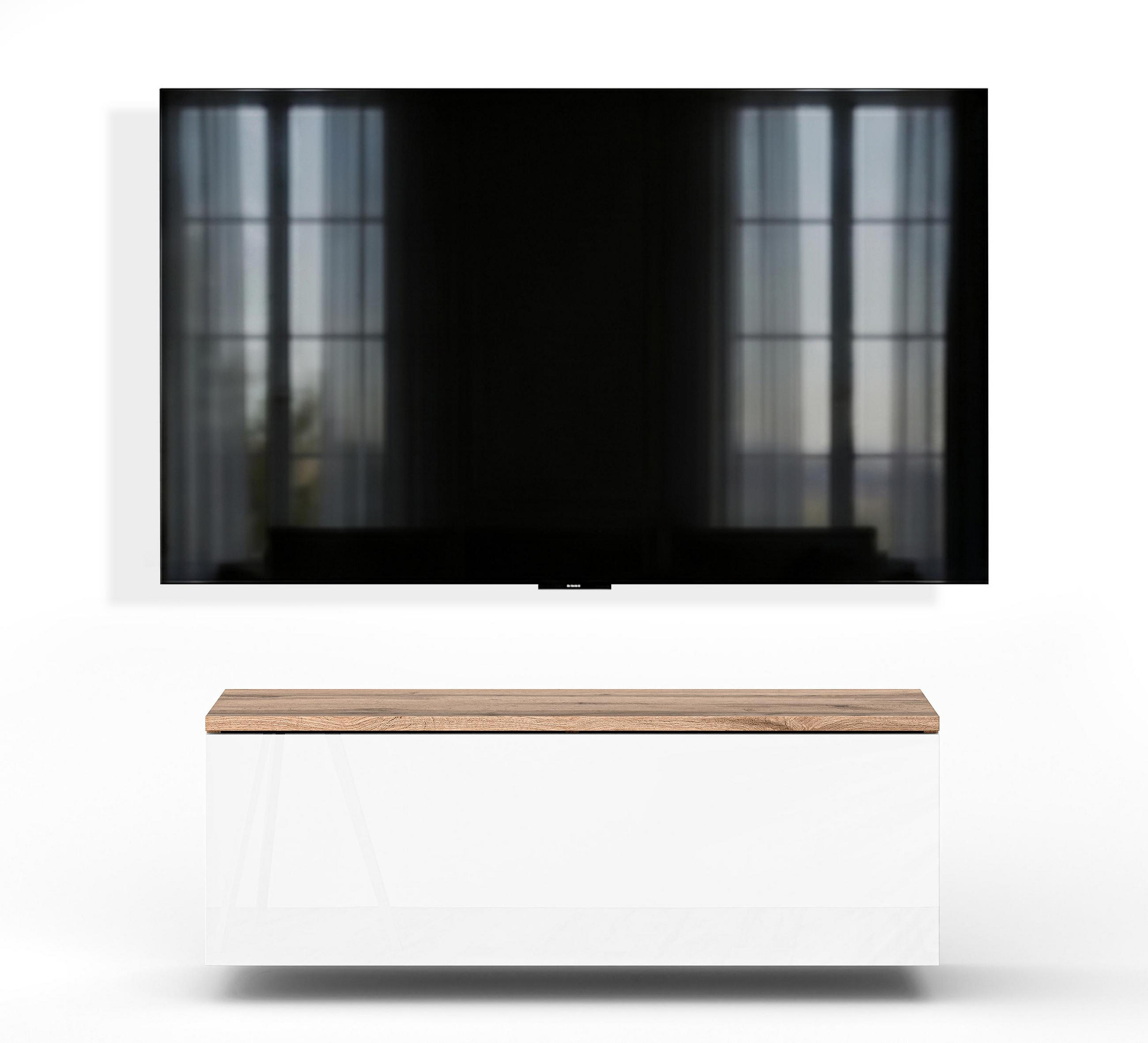 LOWBOARD Barvo 100 Eiche Wotan / Weiß Hochglanz 100/34/32 cm – hängendes TV-Board - Braun/Weiß, Holzwerkstoff (100/34/32cm) - AX Living