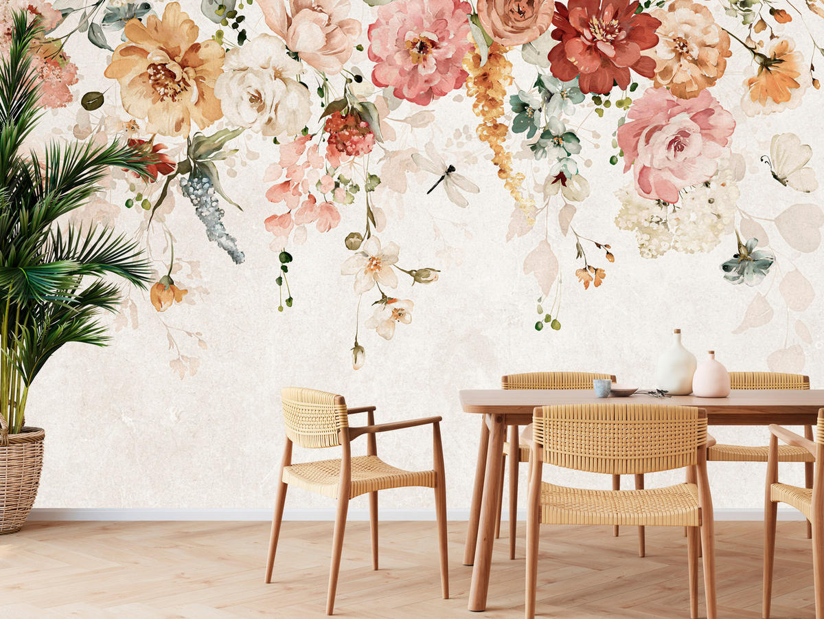 FOTOTAPETE für Esszimmer Aquarellblumen Blätter Pflanzen Pfingstrosen Rosen 500x350 - Multicolor, Papier (500/350cm) - Muralo