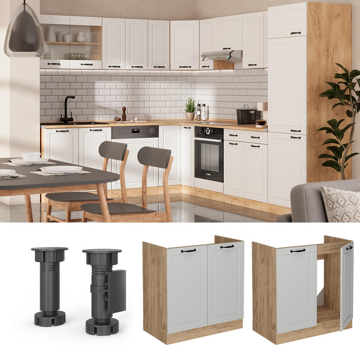 SPÜLENUNTERSCHRANK R-Line Weiß Landhaus 80 cm ohne Arbeitsplatte - Honigeiche/Eiche Wotan, Holzwerkstoff (80/81.6/46cm) - Vicco