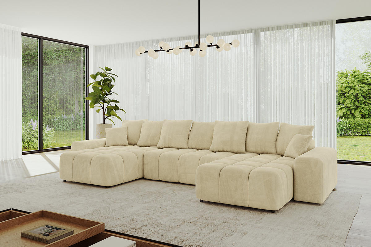 WOHNLANDSCHAFT ENIL-U 390x175x84 Beige Velours - Beige, Holzwerkstoff/Kunststoff (390/84/175cm) - ALTDECOR