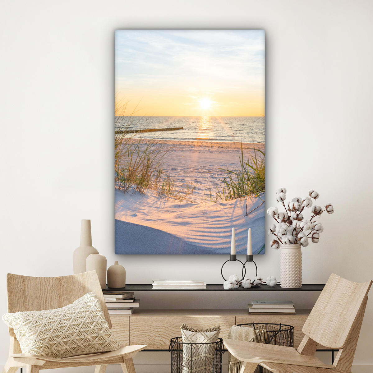 LEINWANDBILD Strand - Sonne - Düne - Gras - Sand - Horizont Deko Groß 90x140 cm - Hellblau, Textil (90/140cm) - MuchoWow