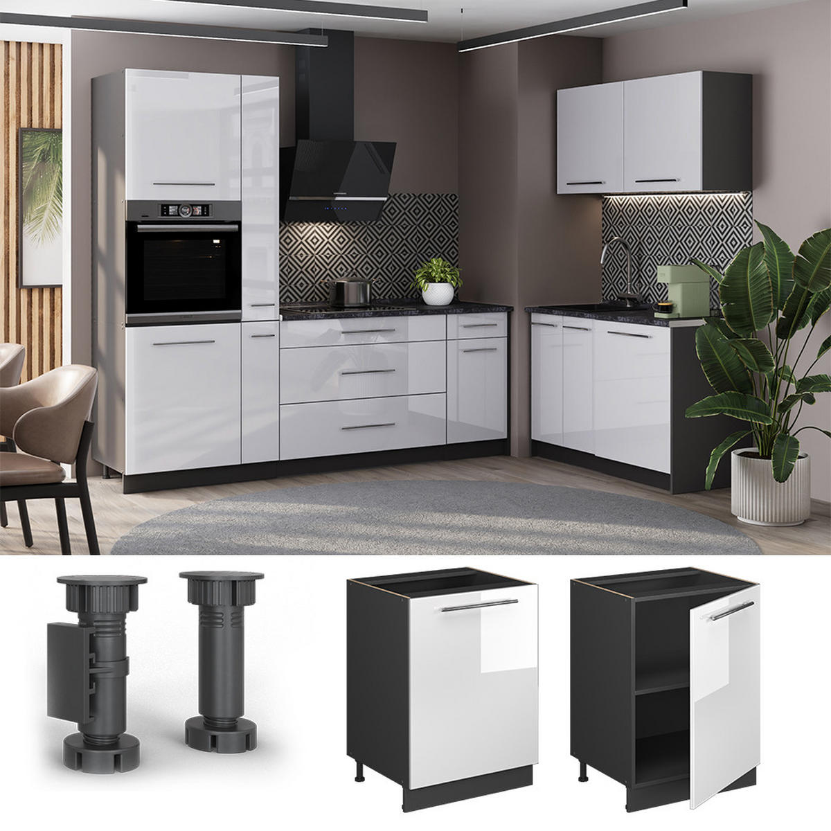 KÜCHENUNTERSCHRANK Fame-Line, Weiß Hochglanz/Anthrazit, 60 cm 1 Tür ohne Arbeitsplatte - Weiß Hochglanz/Anthrazit, Holzwerkstoff (60/82/51.6cm) - Vicco