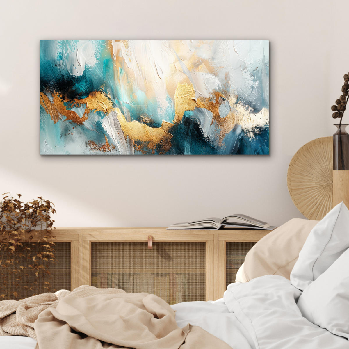 KOVOVÝ OBRAZ Abstraktné - umenie - zlaté - modré 80x40 cm - petrolejová, kov (80/40cm) - MuchoWow