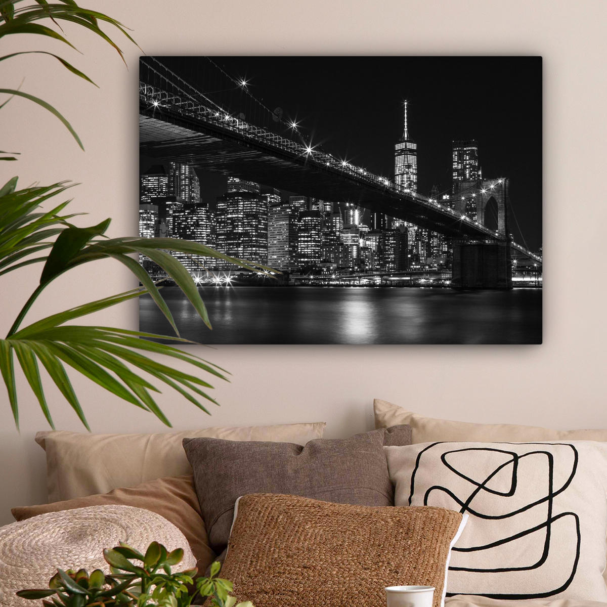 LEINWANDBILD New York - Brooklyn - Brücke Wandbilder 80x60 cm - Schwarz, Textil (80/60cm) - MuchoWow