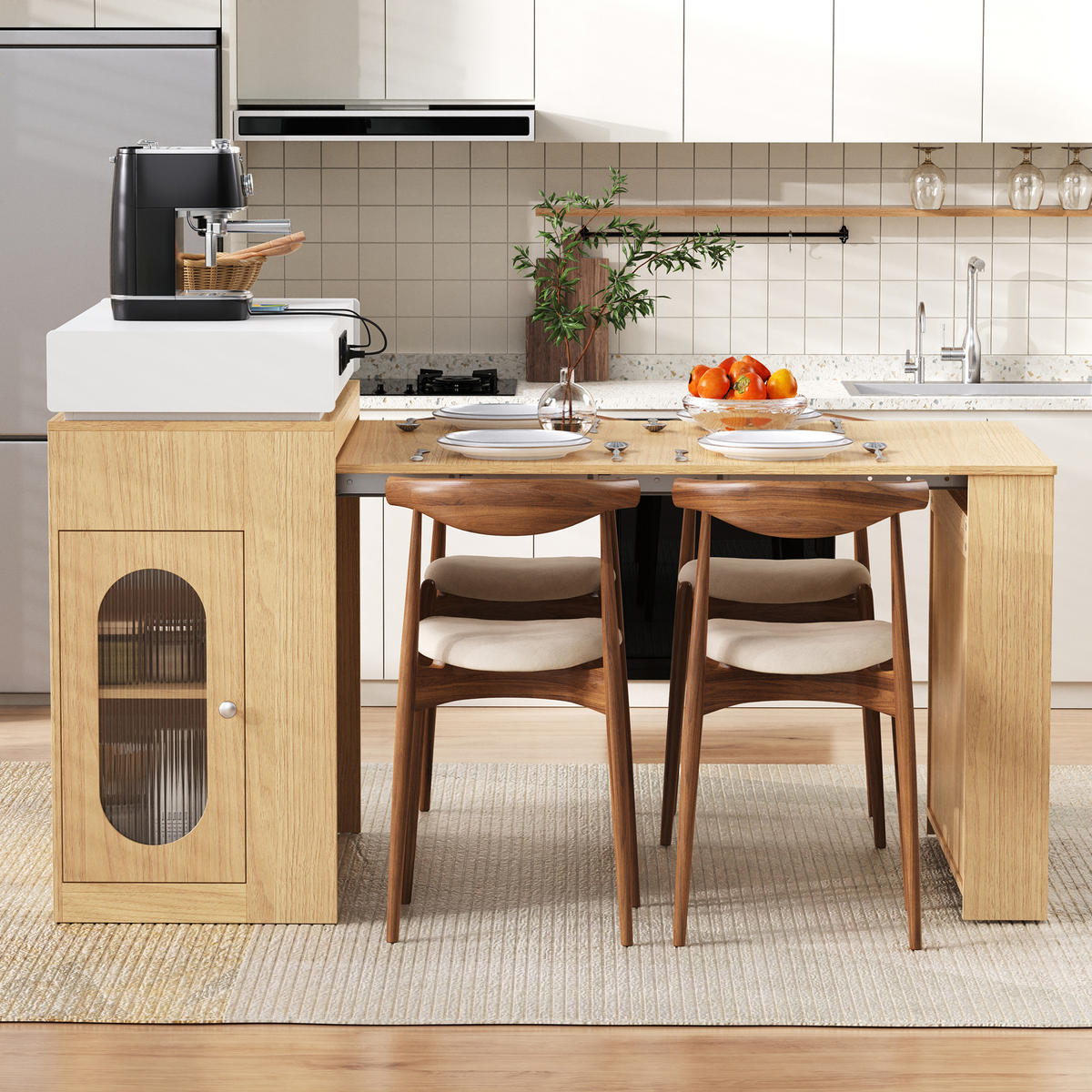 KÜCHENINSEL aus MDF+Glas 83x46-146,5x96 cm Natur mit Ausziehtisch & Steckdosen - Naturfarben, Holzwerkstoff (146.5/96/83cm) - Modfu