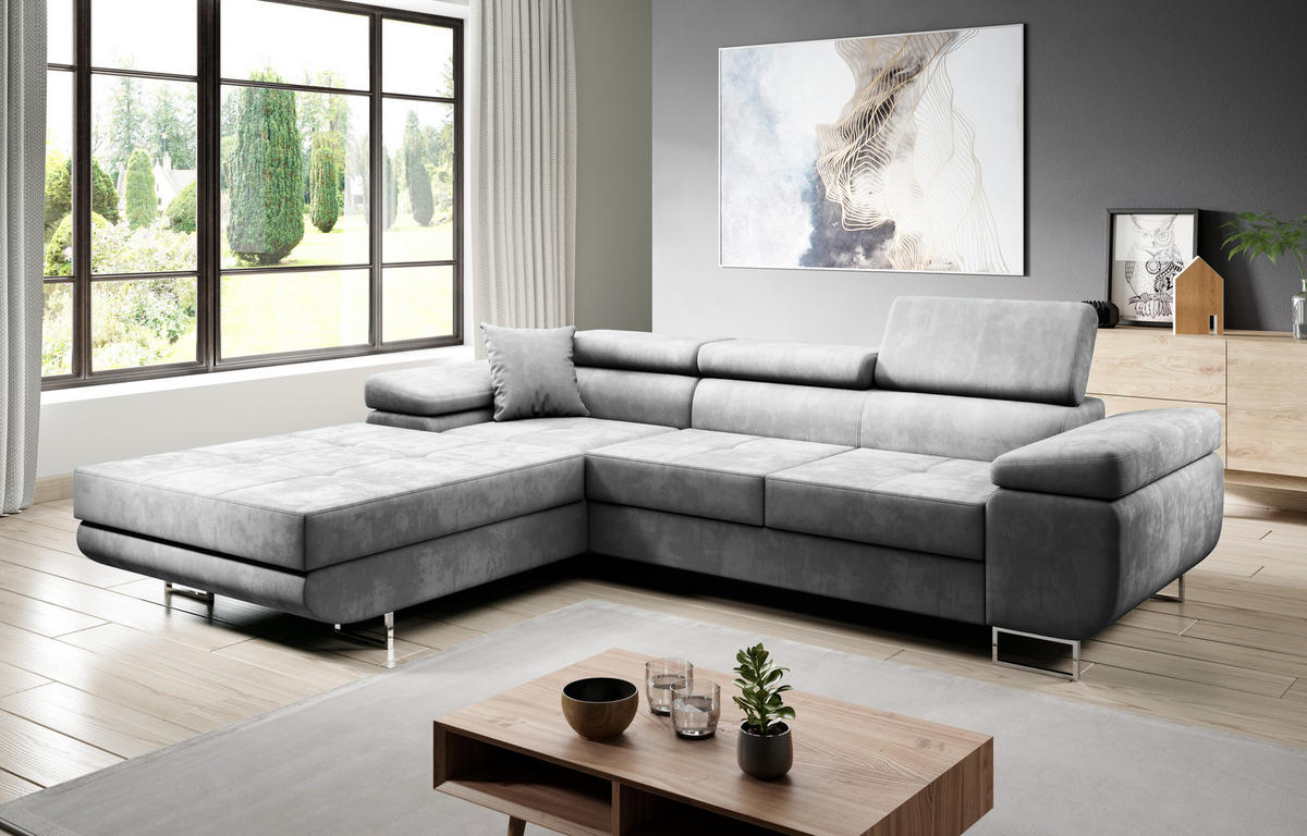 ECKSOFA ALONZO L Links mit Schlaffunktion 125x195 Velours Hellgrau - Silberfarben/Hellgrau, Holz/Textil (275/203cm) - Muffo