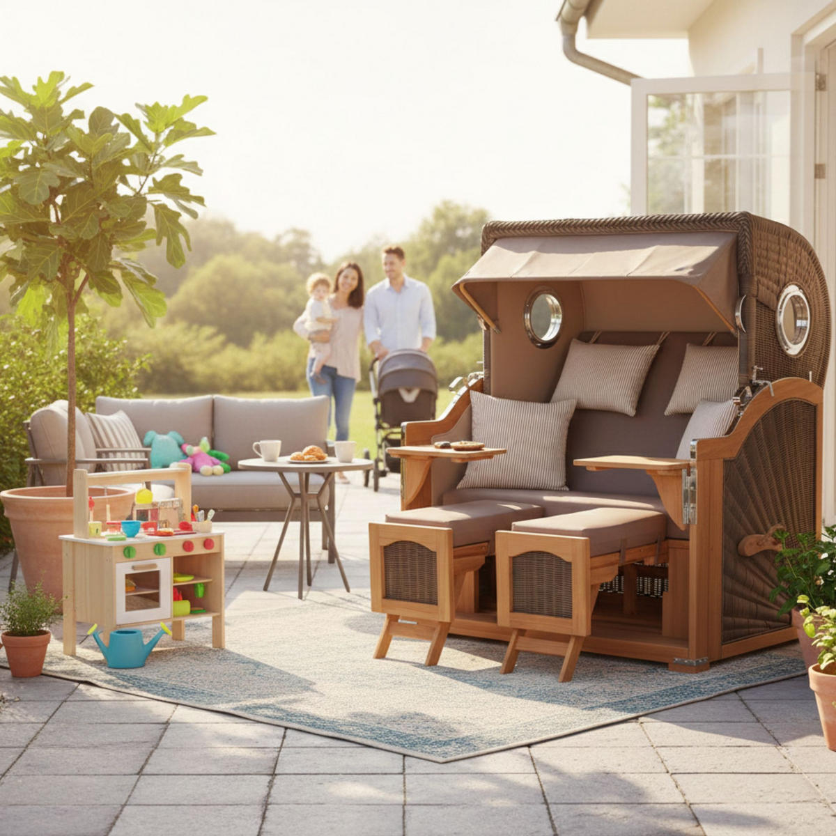 STRANDKORB Düne Grande Bullauge Teak PE Grey Dessin 534 - Taupe/Braun, Metall (142/170/95cm) - Mr. Deko