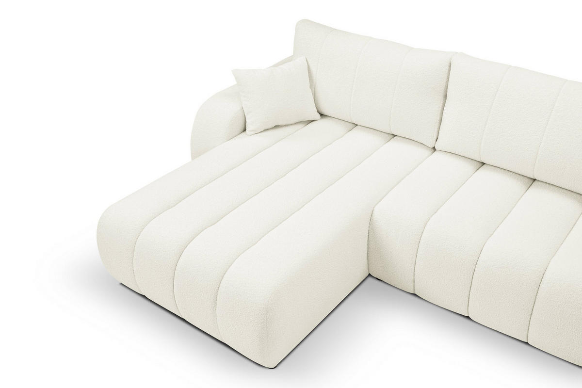 ECKSOFA GIOIA L-S Creme Boucle-Stoff mit Schlaffunktion - Creme, Holz (276/176cm) - MASSENO