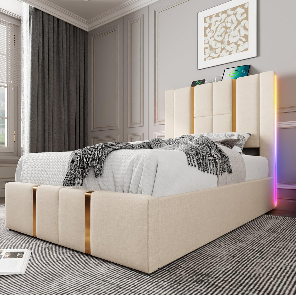 POLSTERBETT aus Leinenmaterial 90x200 cm Beige mit Bettkasten, LED-Beleuchtung, USB- und Typ-C-Anschluss - Beige, Textil (90/200cm) - IVMEU