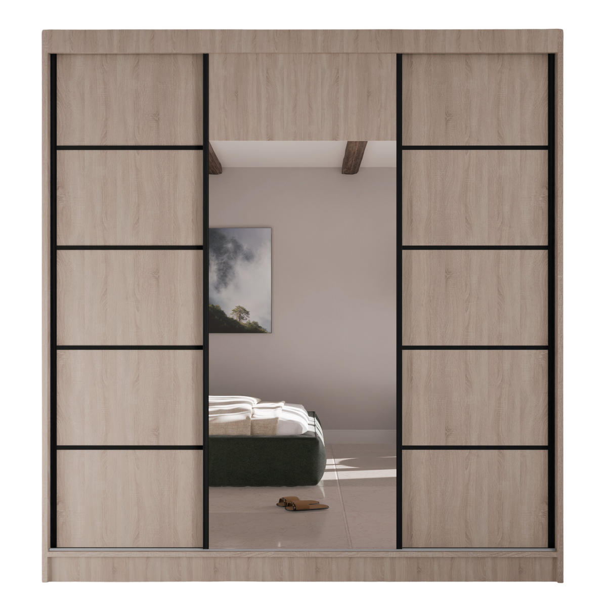 SCHWEBETÜRENSCHRANK Moni mit Spiegel und Zierleisten, 215x200x61cm, eiche Sonoma+Schwarz - Schwarz/Sonoma Eiche, Holzwerkstoff (200/215/61cm) - AN-Moebel 4u