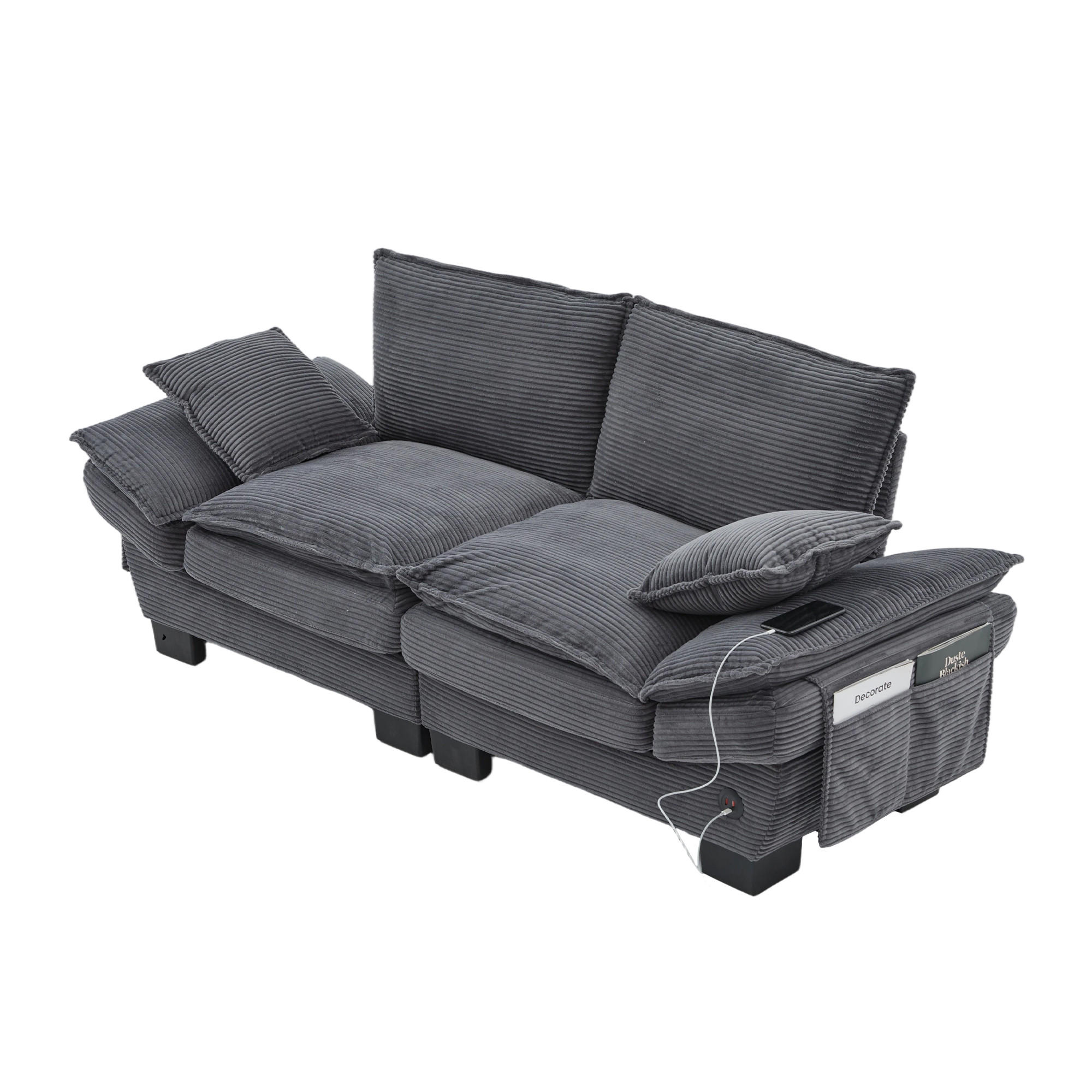2-SITZER Sofa aus Cord 190x73x84 cm mit USB-C & Seitentaschen, dunkelgrau - Dunkelgrau, Textil (73/84/190cm)