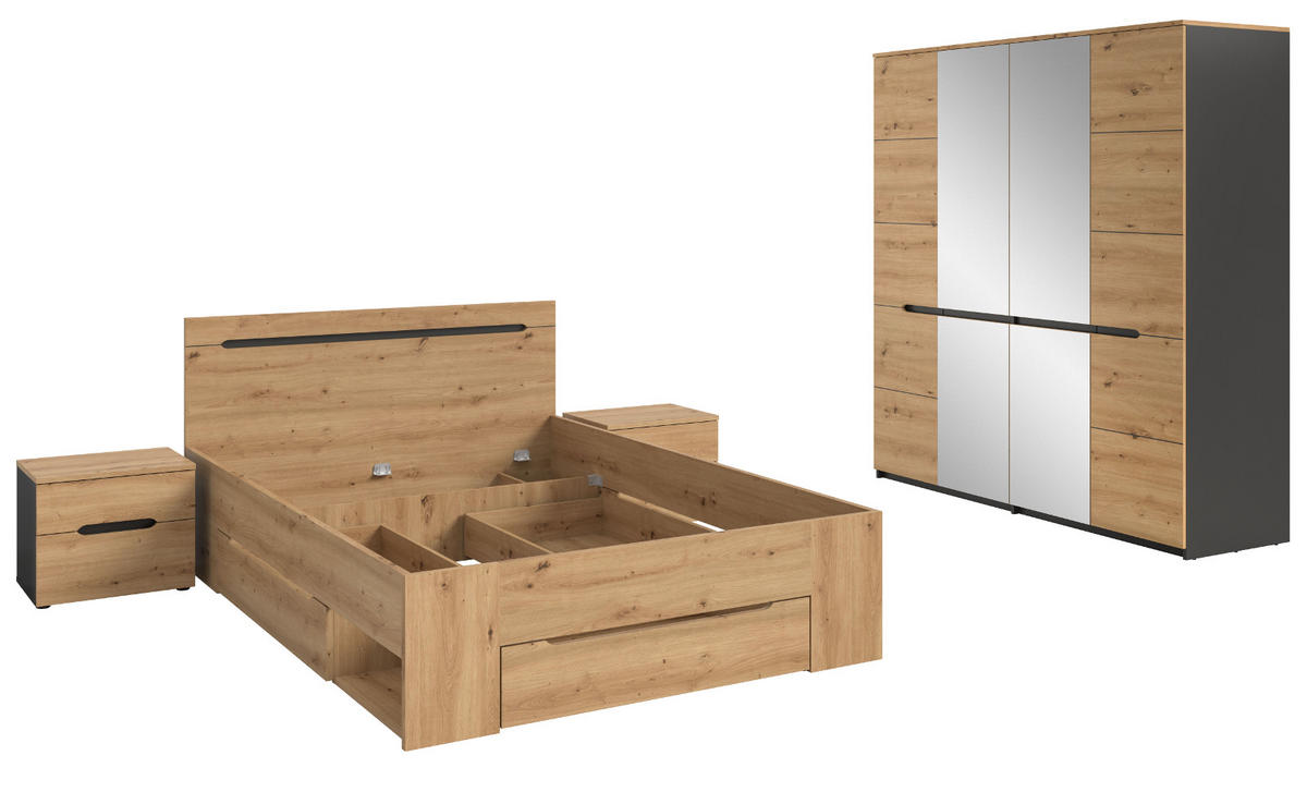 SCHLAFZIMMER Eiche Artisan, grau 4-teilig, Komplettset mit viel Stauraum - Eiche Artisan/Grau, Glas/Holzwerkstoff - Inn.Furn