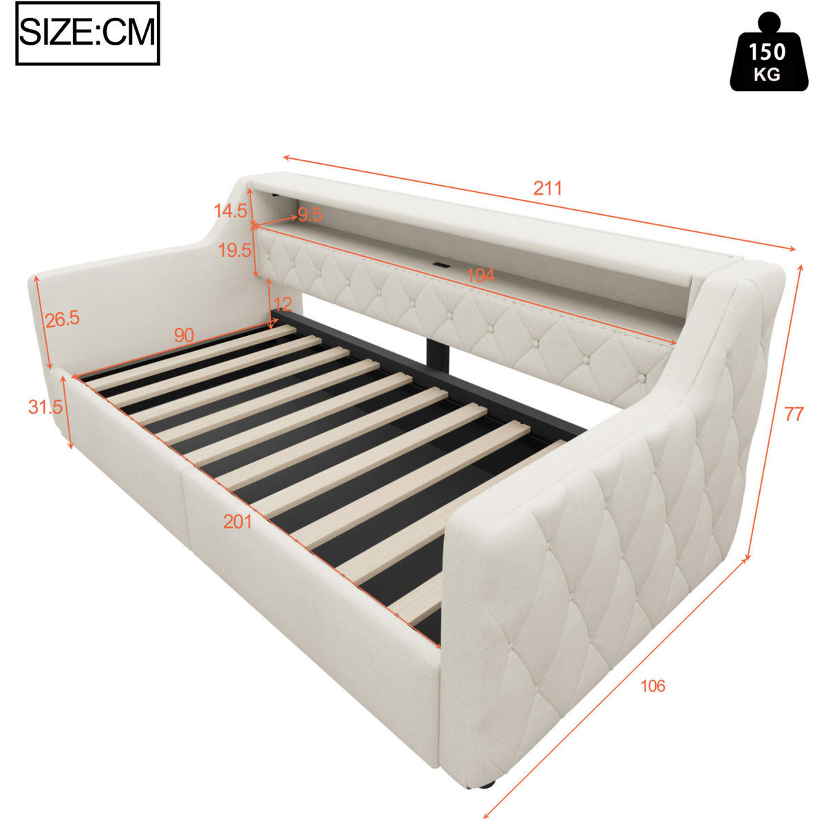 BETT 90/200 cm in Beige mit LED-Beleuchtung und hydraulischem Stauraum - Beige, Holzwerkstoff (90/200cm) - Flora Grace